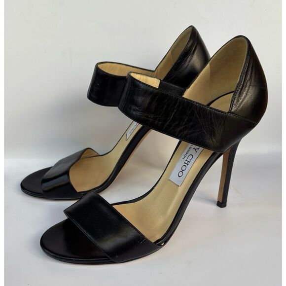 Jimmy ChooAlana Black Leather Two-Strap Sandals Size 38~ Excellent